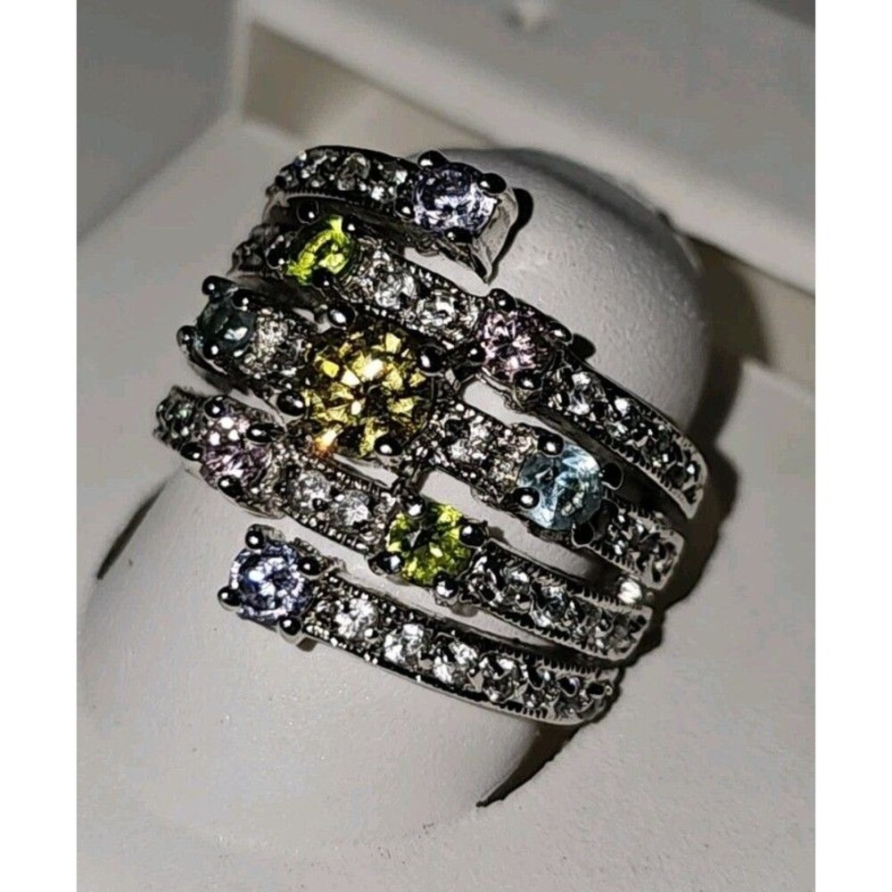 Rainbow Multi Stone Cocktail Ring Sterling Silver Size 6